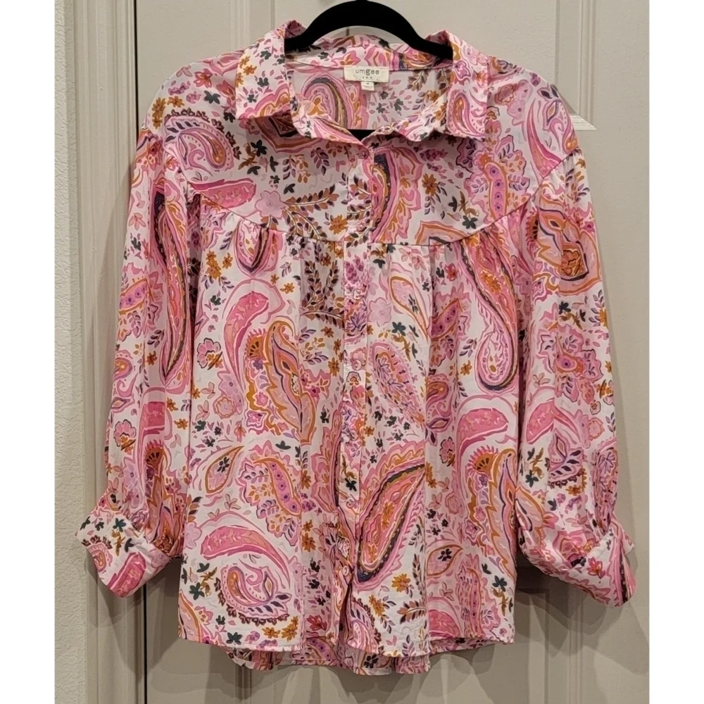 Umgee Pink Paisley Collared Button-Down Blouse Shirt Medium Lightweight - Picture 3 of 10